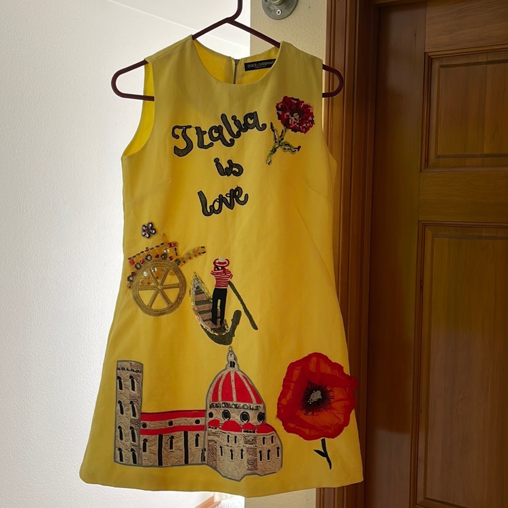 Wool Shift Dress, Yellow Dolce & Gabbana "Italia is Love" embroidered wool dress